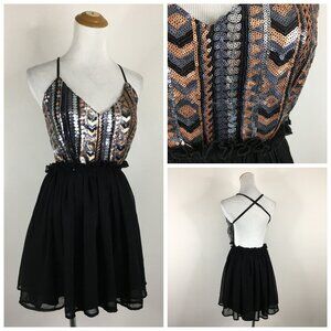 WINDSOR Black Silver Bronze Sequin Criss Cross Open Back Chiffon Dress